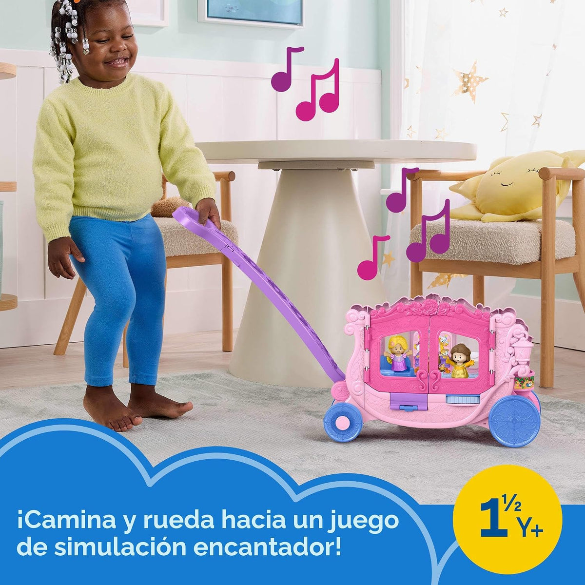 Fisher-Price Little People Juego de juguetes para niños pequeños Disney Princess Carrito musical tirable con figuras para juego de rol para niños de 18+ meses