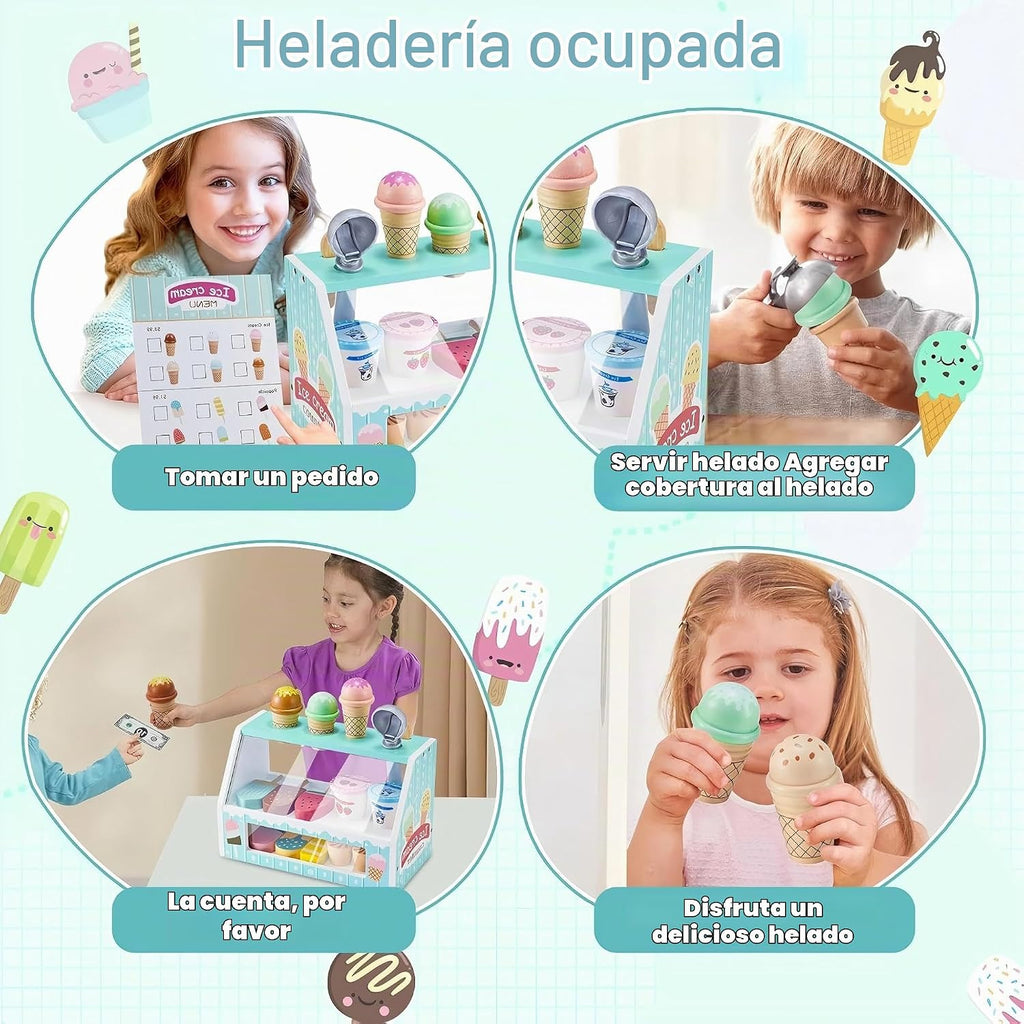 Juego de mesa de madera para contador de helados para niñas pequeñas, Play Store, juguete de simulación, accesorios de cocina con dinero y moneda falsos, regalos de cumpleaños de Navidad para niños de más de 3 años (verde)