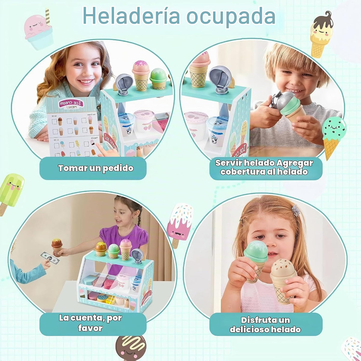 Juego de mesa de madera para contador de helados para niñas pequeñas, Play Store, juguete de simulación, accesorios de cocina con dinero y moneda falsos, regalos de cumpleaños de Navidad para niños de más de 3 años (verde)