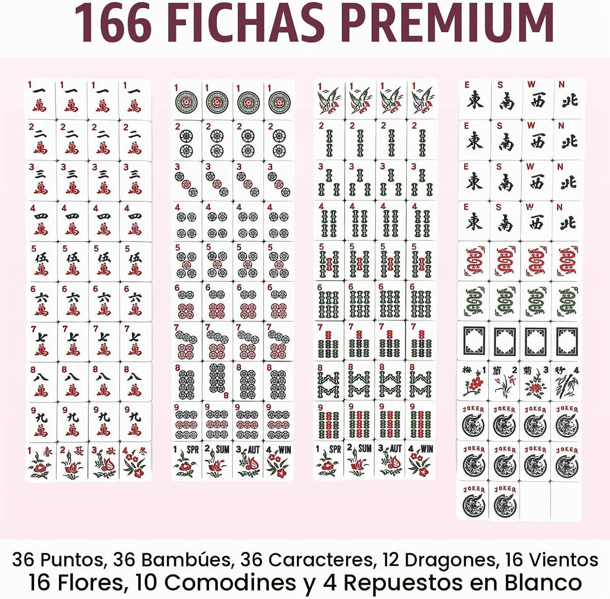 American Mahjong - Juego de azulejos Mahjong de 166 azulejos blancos, 4 estantes de Mahjong de colores, juego de mahjong de viaje con bolsa de transporte rosa