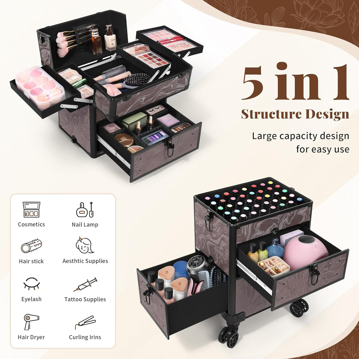 AROUS Estuche de maquillaje rodante con 3 cajones, estuche de cosme...