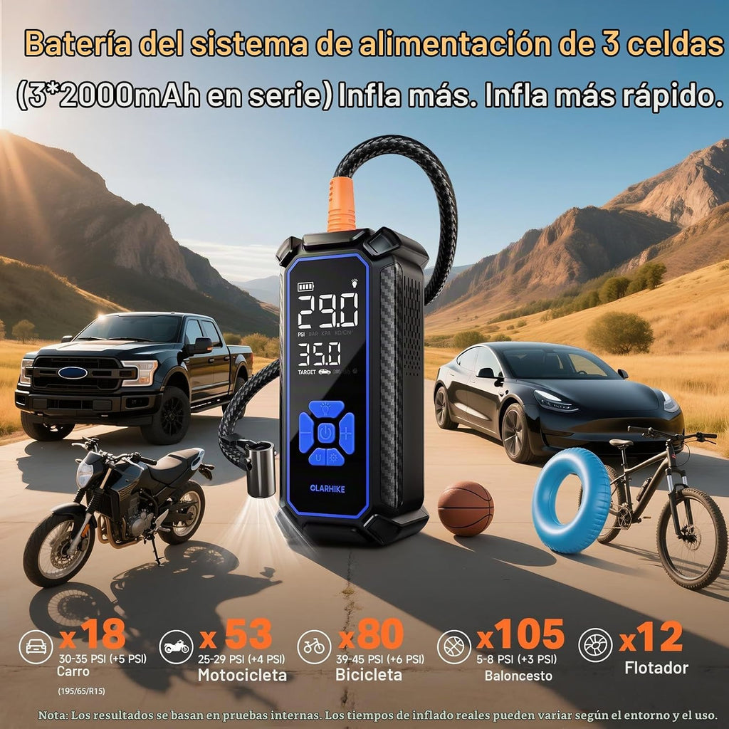 OlarHike Inflador de neumáticos Portátil Compresor de aire, Alimentación Dual - 3*2000mAh y 12V DC