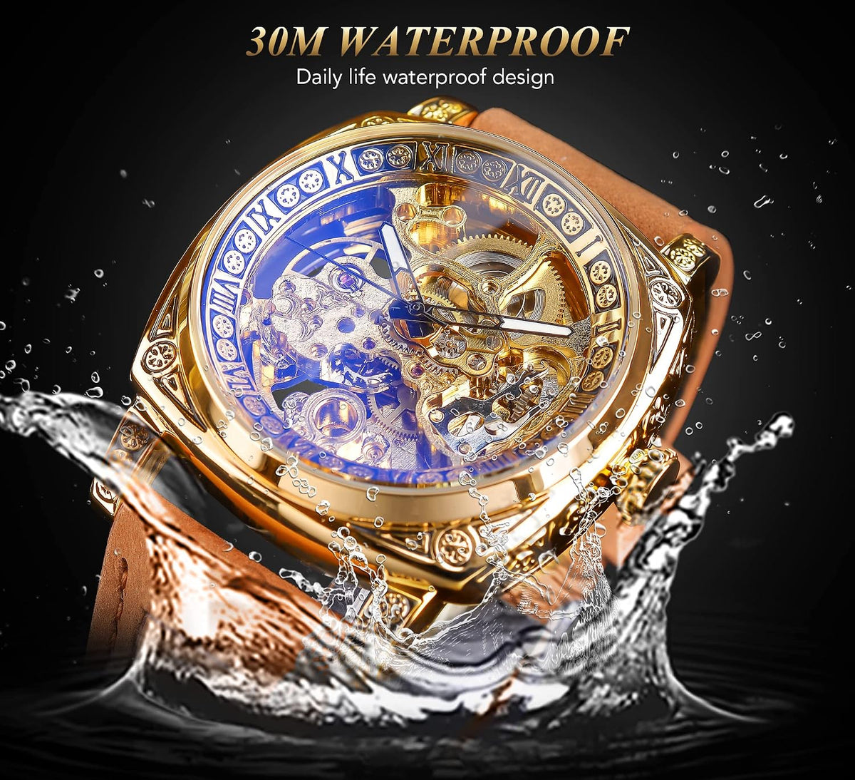 FORSINING Relojes para Hombre, Reloj Mecánico Retro Cuadrado Automático Tallado, Reloj de Pulsera Esqueleto de Cuero Vintage con Correa de Cuero