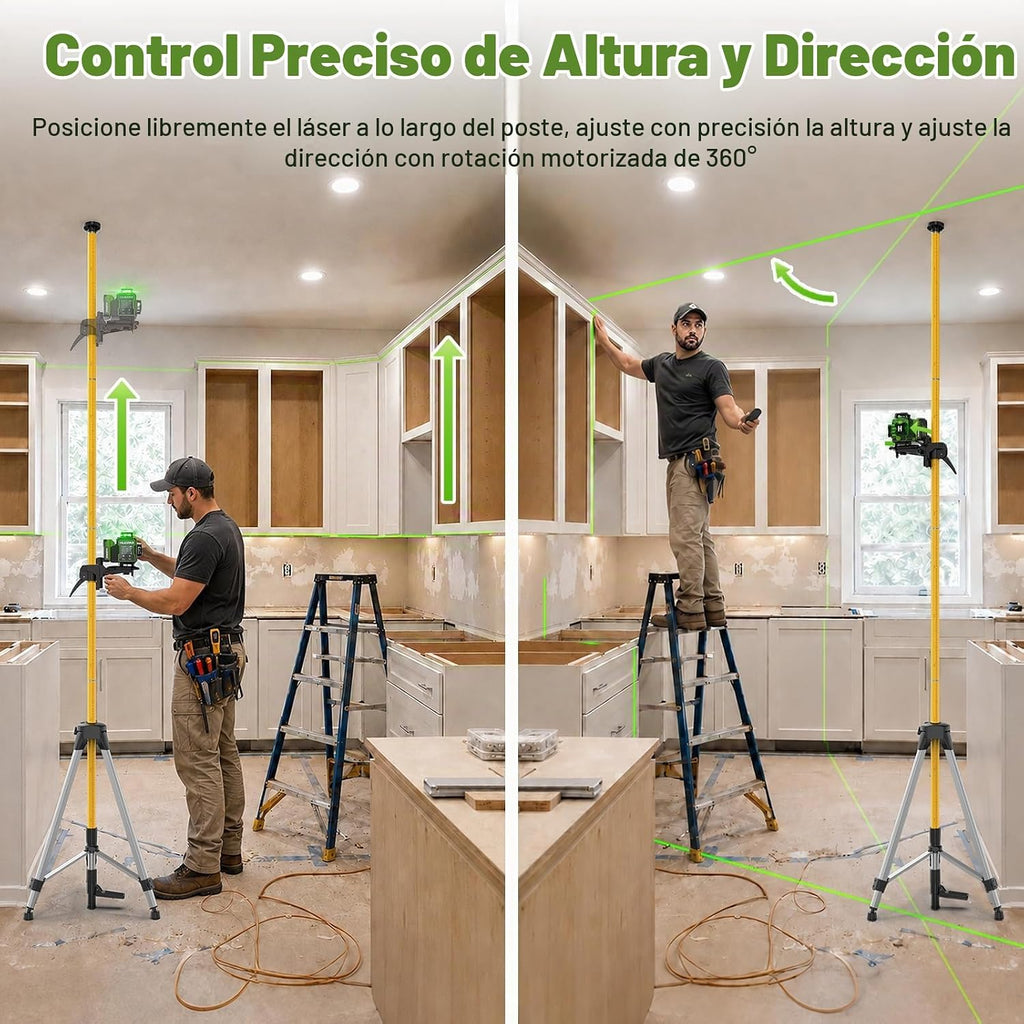 Huepar Nivel láser 4D W04CG con poste de 12 pies, kit láser verde de 360°