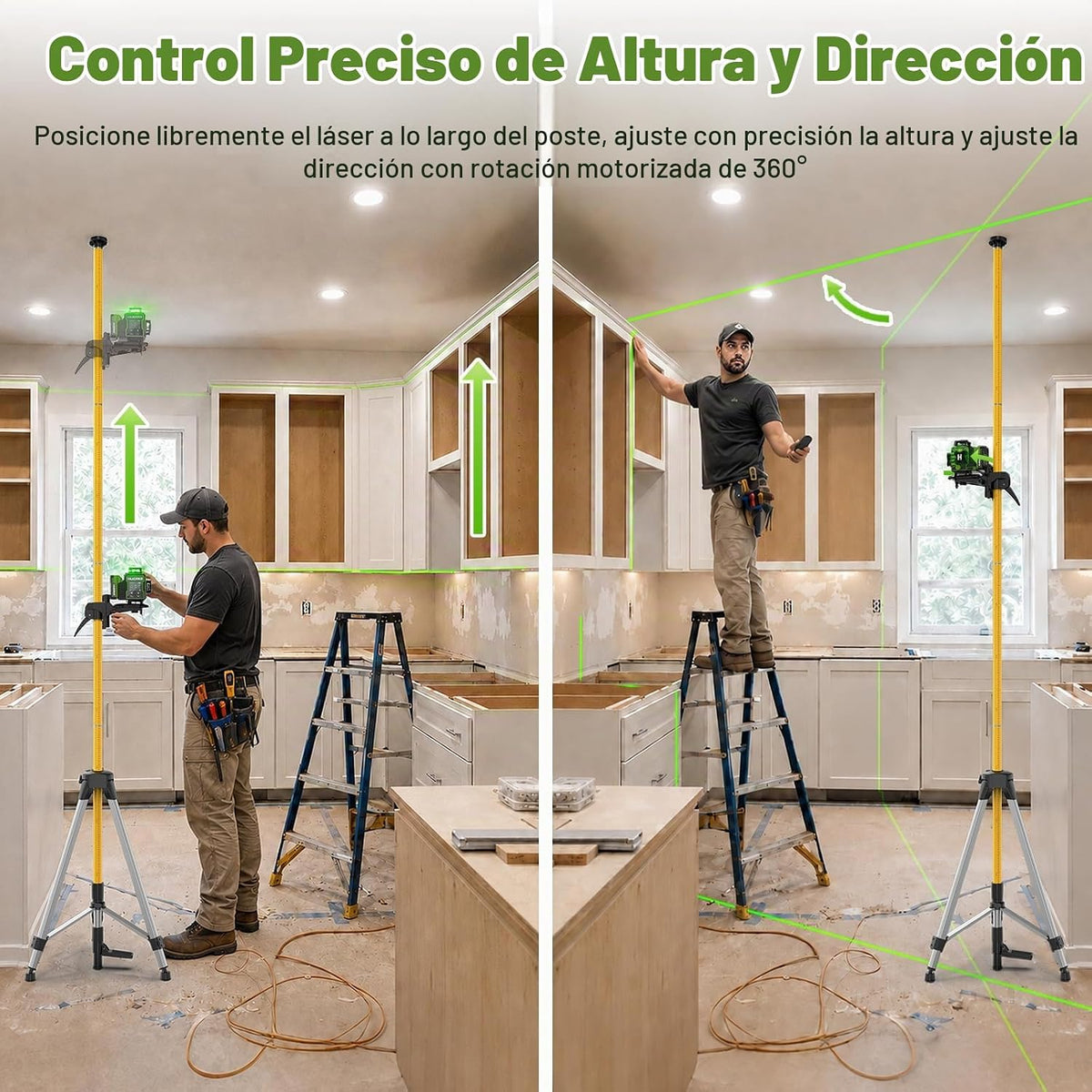 Huepar Nivel láser 4D W04CG con poste de 12 pies, kit láser verde de 360°