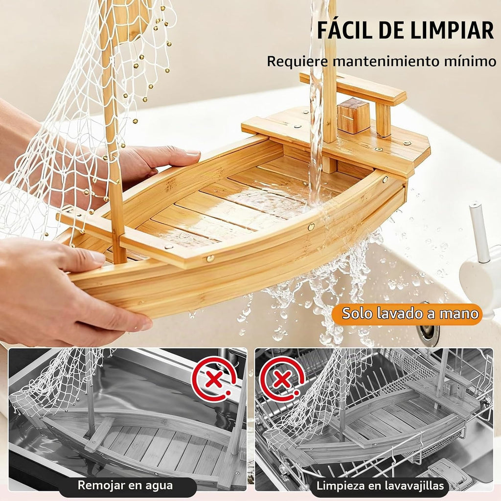 Bandeja de bambú de 31.5 pulgadas para servir sushi – Bandeja de sushi extra grande y tablero de exhibición, estilo barco de madera japonés para sushi, sashimi, fiesta de mariscos, plato de