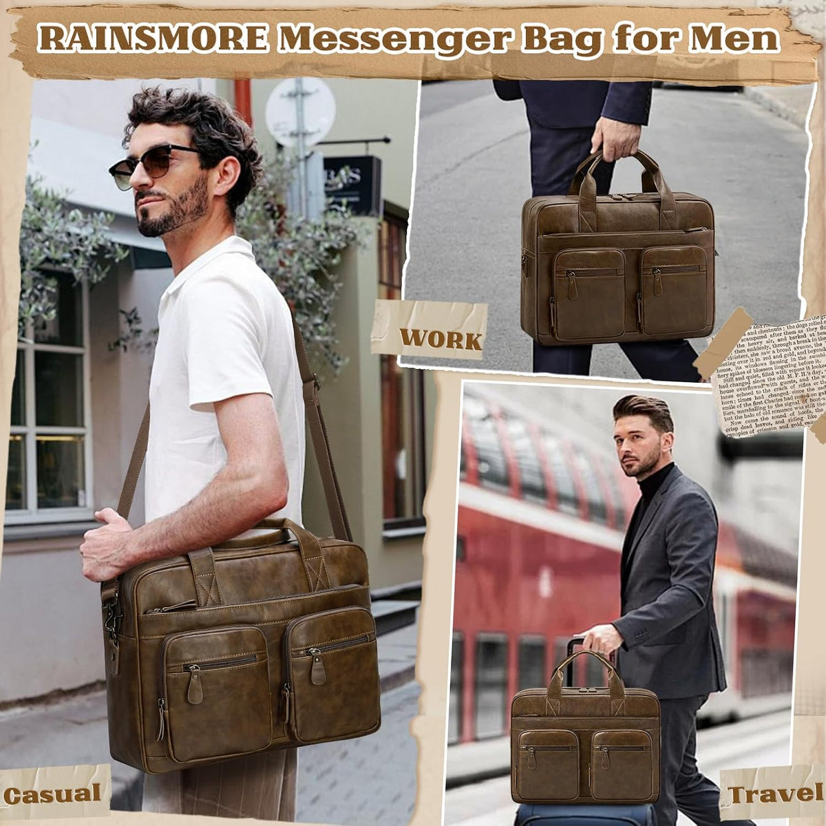 RAINSMORE Bolsa de mensajero vintage para hombre, de piel sintética, de piel vegana, para computadora portátil, 15.6 pulgadas, impermeable, maletín retro para hombre, maletín retro para hombre, para trabajo, oficina, negocios, viajes, color marrón