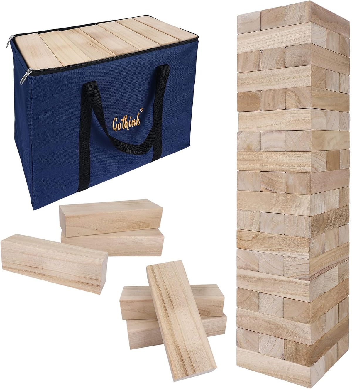 Juego de torre gigante de caída, torre grande que se apila hasta más de 5 pies, 54 bloques gigantes de madera para juegos de patio al aire libre con estuche de transporte, apilamiento de madera, juguete nocturno, regalo para niños, adultos y familia