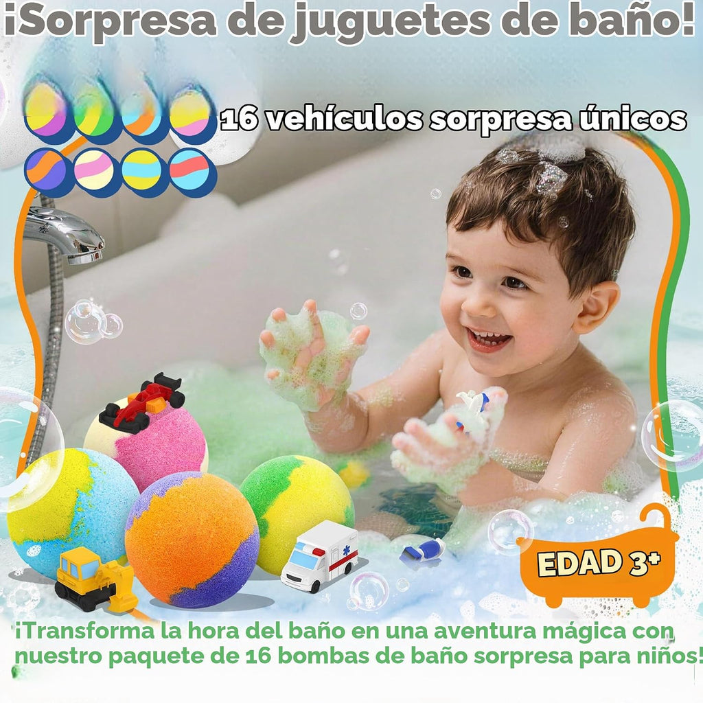 Bombas de baño para niños con juguetes de vehículos en el interior, paquete de 16 gases de baño sorpresa, bombas de baño de burbujas orgánicas para niñas y niños a partir de 3 años, 8 aromas