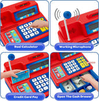 Calculadora de caja registradora de juguete de regalo para niños de 3, 4, 5, 6, 7, 8+ años, juego de 120 piezas de tienda de comestibles con micrófono, cajas de comestibles, tarjeta de crédito, caja registradora roja para niños pequeños de 4 a 8 años
