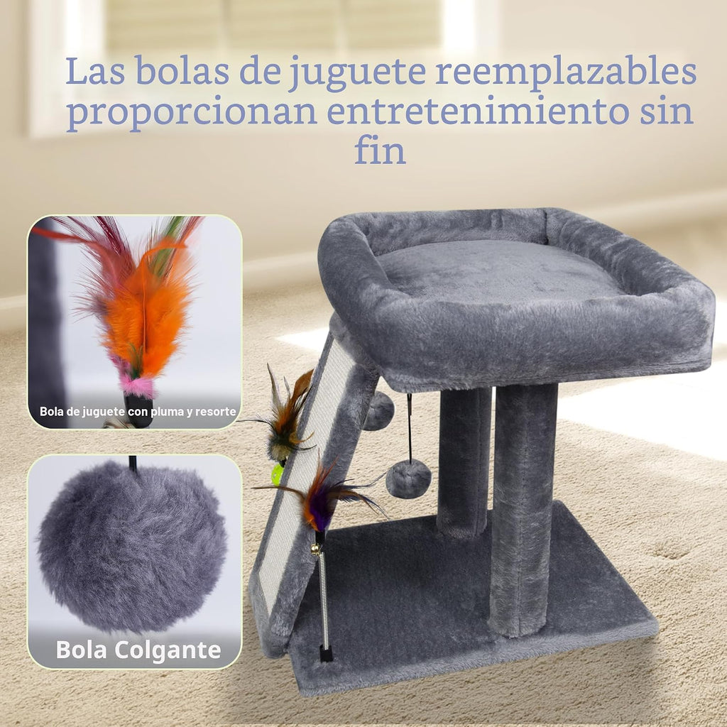 TWDEPART Árbol de gato con torre y poste para arañar para gatos de interior, centro de actividades, árbol para escalar con tablero para rascar y pelotas de juguete, gris