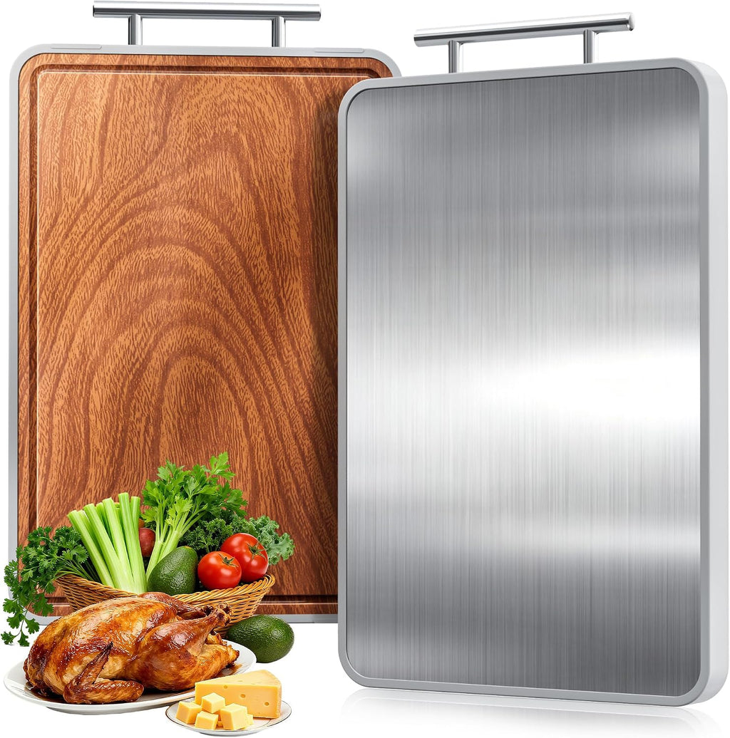 Tablas de cortar de titanio para cocina, tabla de cortar de madera de ébano, tabla de cortar de metal de doble cara con asa y canal para jugos, ideas de electrodomésticos de cocina para carne y charcutería