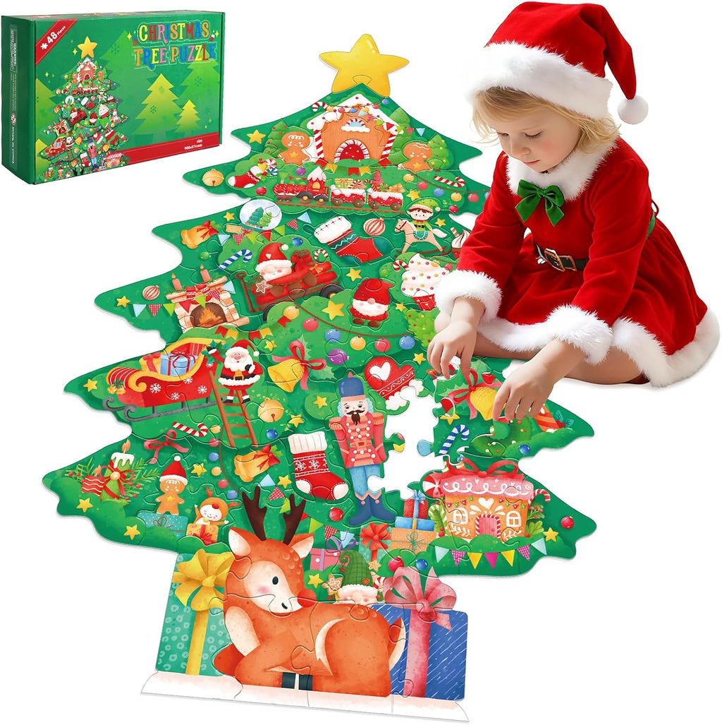 Gatherfun - Rompecabezas de piso de Navidad para niños de 3 a 5 años con 48 piezas grandes, rompecabezas de piso en forma de árbol de Navidad para decoraciones de fiestas, regalos y actividades en el aula