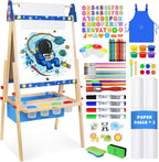 Joyooss - Caballete de arte para niños, caballete de pie ajustable para niños con tablero magnético y pizarra, pizarra magnética para niños, caballete de arte con 2 rollos de papel, pinturas para