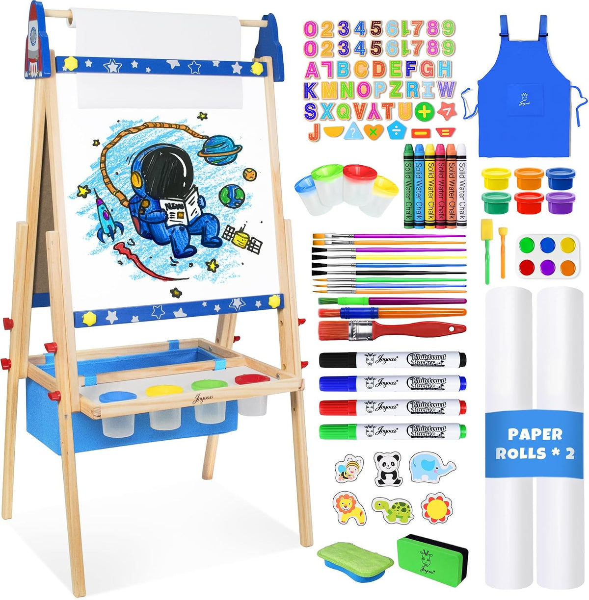 Joyooss - Caballete de arte para niños, caballete de pie ajustable para niños con tablero magnético y pizarra, pizarra magnética para niños, caballete de arte con 2 rollos de papel, pinturas para