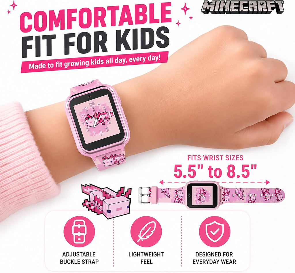Minecraft - Reloj inteligente para niños, diseño de ajolote rosa, 10 caras de reloj, contador de pasos, cámara selfie, calculadora, juegos, grabadora de voz, alarma y temporizador, correas de silicona