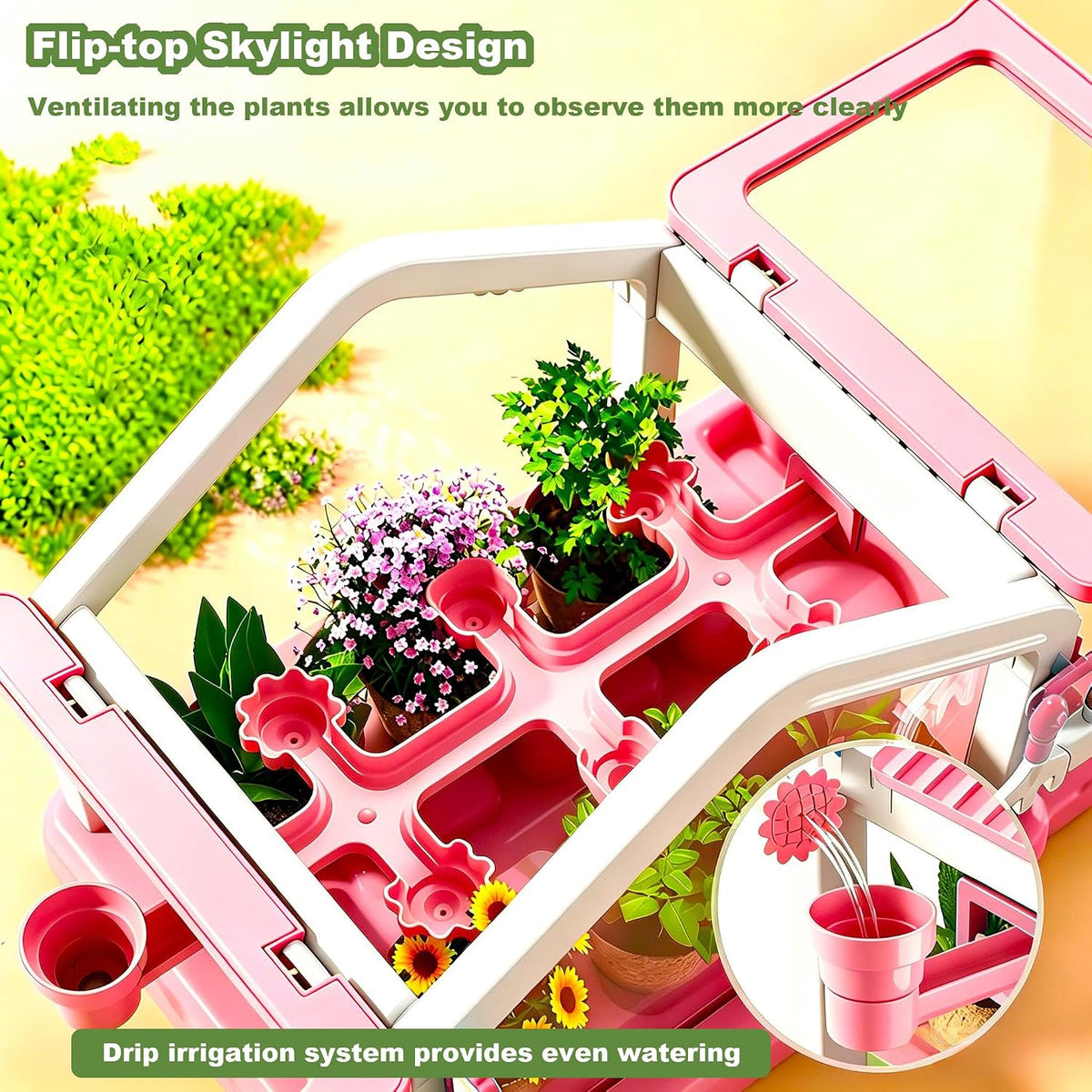 Mini kit de cultivo de plantas de invernadero para niños con sistema de riego por goteo, casa de observación de plantas transparente, herramientas completas de jardinería, juguete educativo de
