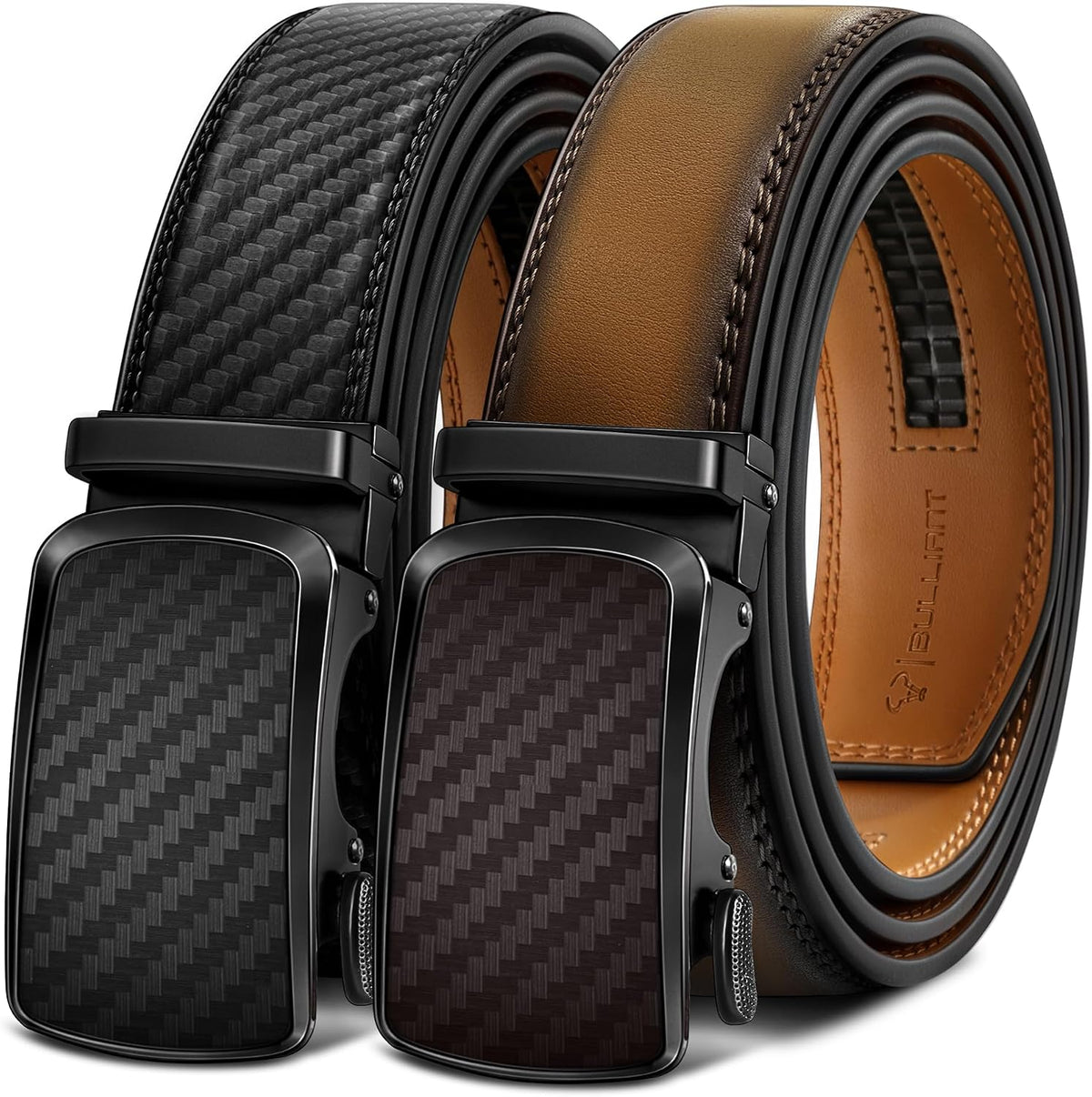 BULLIANT - Paquete de 2 cinturones de cuero con trinquete para hombre, ajustables, corte de 1 3/8 para un ajuste perfecto, regalo para hombre