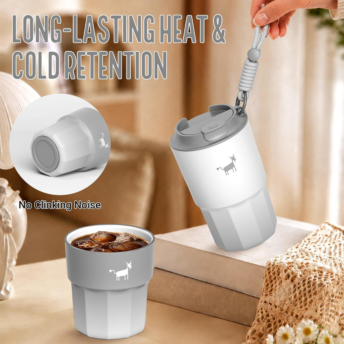 CHEERFUL GOAT Taza de café con forro de cerámica, vaso aislado de viaje de acero inoxidable con forro de cerámica, con tapa, taza a prueba de fugas de 10 onzas para café con agua caliente y fría en