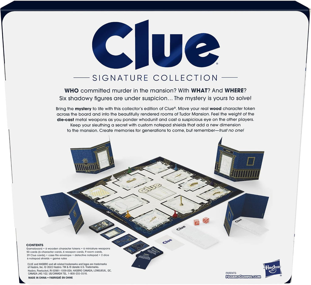 Hasbro Gaming Clue Juego de Mesa Colección Signature, embalaje y componentes premium, juegos familiares para niños y adultos, juegos de misterio para 2 a 6 jugadores