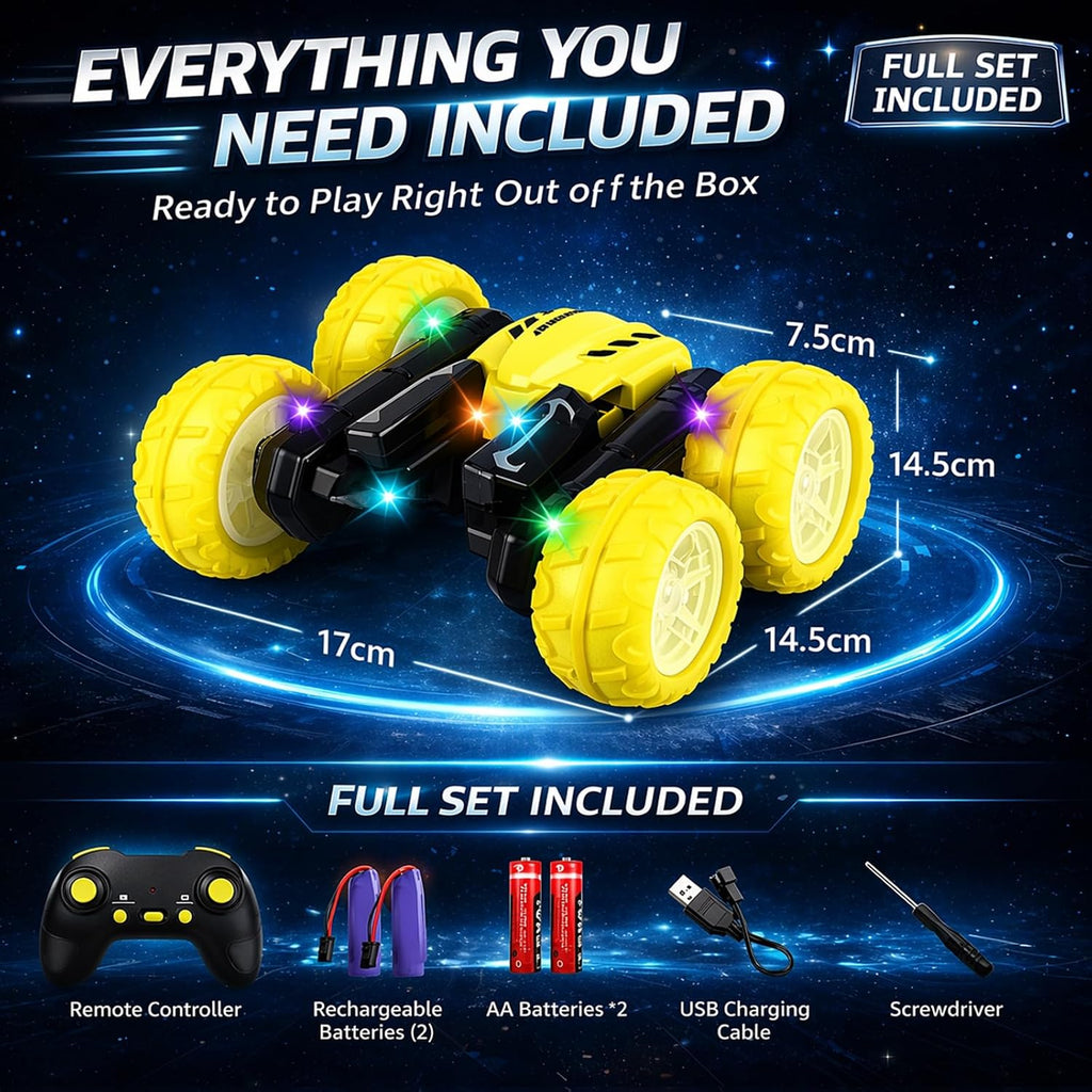 Coche de control remoto para niños, auto de acrobacias giratorio de 360°, conducción de doble cara, auto RC de 2.4 GHz, juguete todo terreno recargable, ruedas LED brillantes con proyección