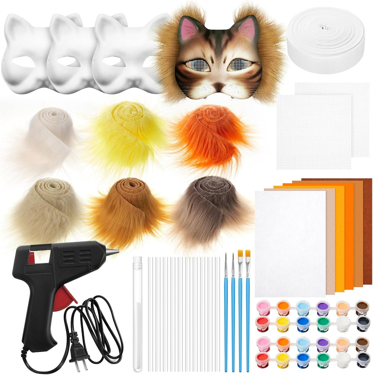 Kit de Máscara DIY Therian de 33 Piezas para Principiantes Incluye Máscara de Gato en Blanco, Tela de Piel Sintética, Tela de Fieltro, Malla de Plástico (Colores Brillantes)