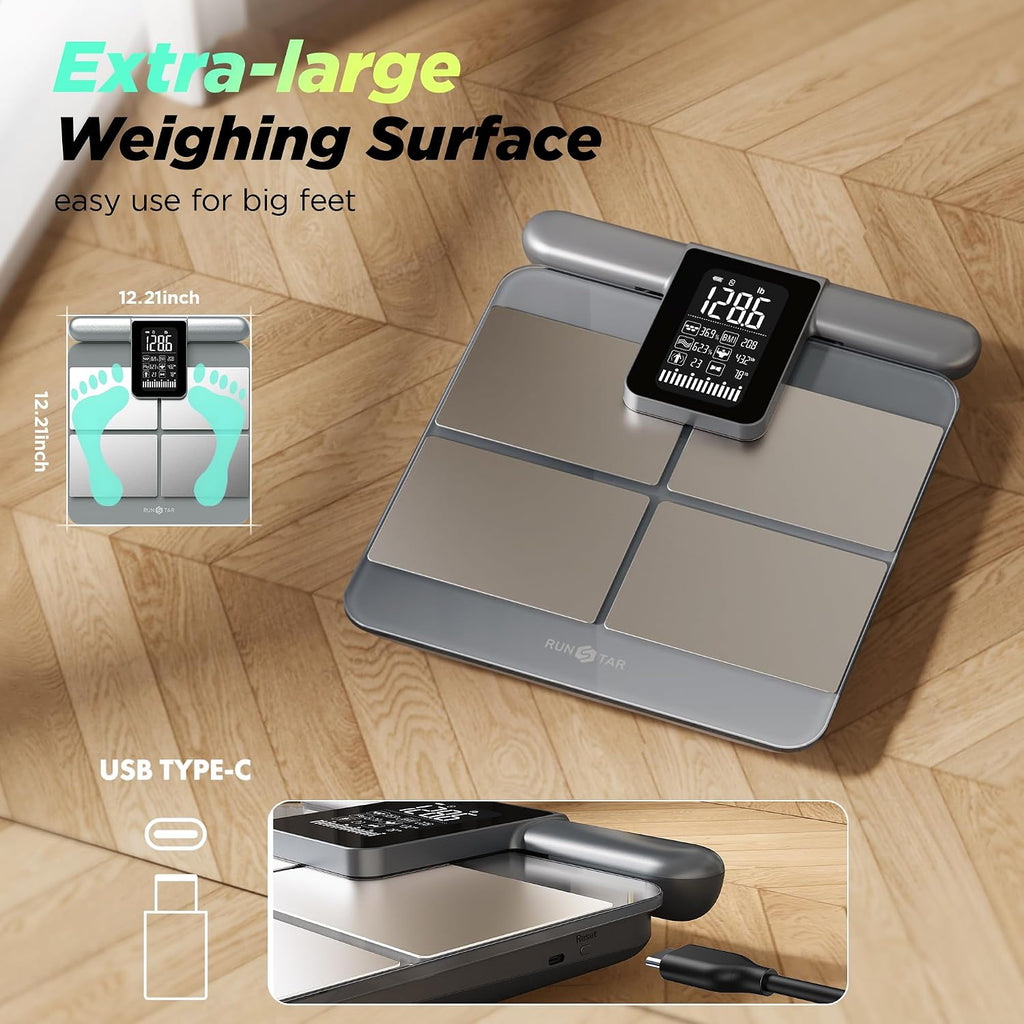 RunStar Báscula de 8 electrodos para peso corporal, mango de pantalla
