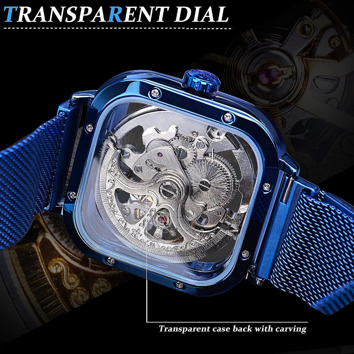 FORSINING Relojes automáticos Reloj de pulsera mecánico dorado para hombre Relojes de esqueleto con esfera transparente de acero inoxidable con movimiento de flor real talla