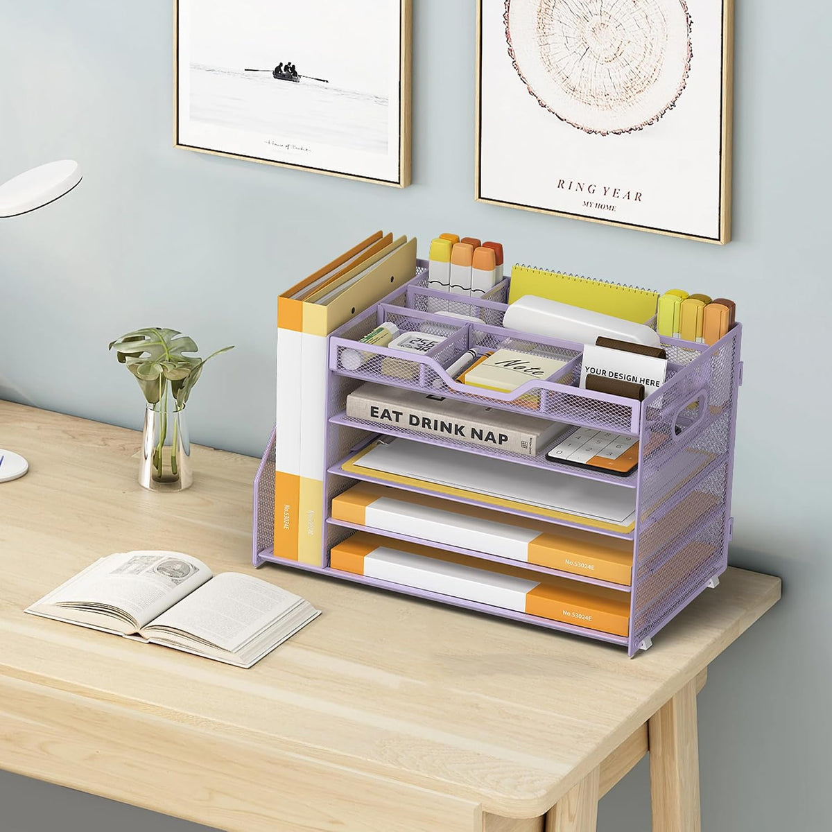Organizador de escritorio de 5 niveles con bandeja para cartas de papel y soporte para archivos con 3 soportes para bolígrafos extraíbles, organizador de archivos de escritorio de malla con