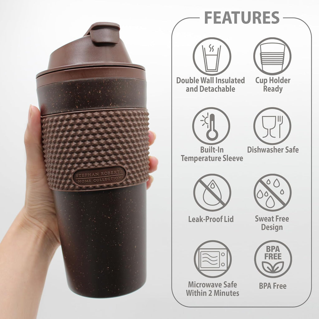 Juego de vasos de café de 16 onzas (paquete de 2) – Taza de viaje aislada de doble pared con tapa a prueba de fugas, apto para portavasos y tazas, taza de café reutilizable sin BPA, apta para lavavajillas y microondas, color marrón