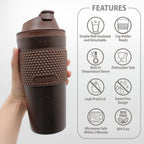 Juego de vasos de café de 16 onzas (paquete de 2) – Taza de viaje aislada de doble pared con tapa a prueba de fugas, apto para portavasos y tazas, taza de café reutilizable sin BPA, apta para lavavajillas y microondas, color marrón