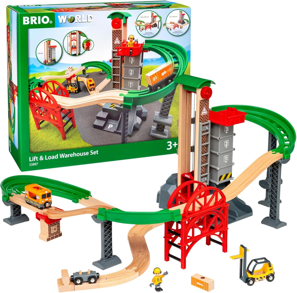 BRIO World Lift & Load Warehouse Set - 32-Piece Wood Train Set - Works con All Wooden Railway Sets - Includes 4-Level Elevator, Vehicles, Tracks & Full Station - MESH Accredited para Ages 3+