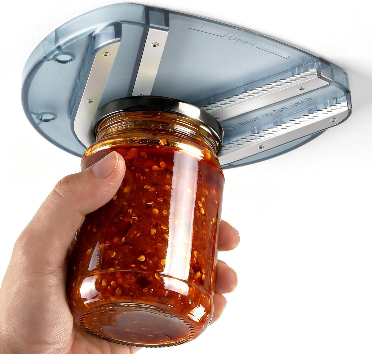 Abrelatas de gabinete montado para manos débiles, personas mayores con artritis, ranuras dobles en forma de U, abrebotellas de agarre para tapa de cualquier tamaño, herramienta de acero inoxidable 304 con una sola mano para asistencia en el hogar, azul