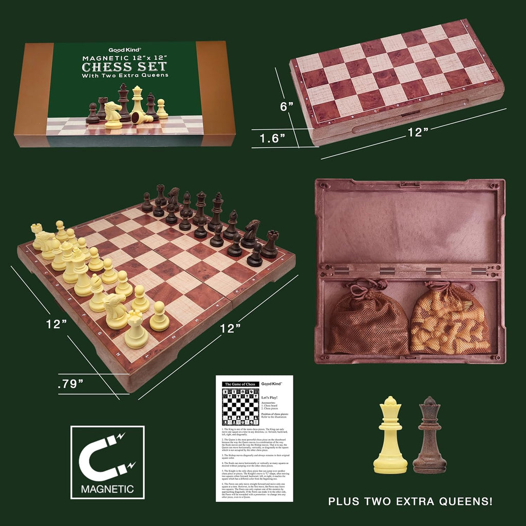 Juego de ajedrez de viaje magnético para niños y adultos. Juego de mesa de ajedrez portátil de 12 x 12 pulgadas para principiantes y jugadores avanzados. Juegos de ajedrez para adultos con 2 reinas adicionales y 2 bolsas de almacenamiento para piezas de
