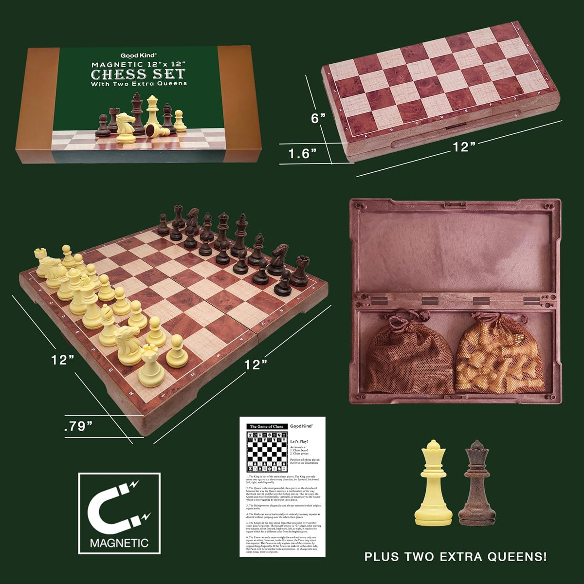Juego de ajedrez de viaje magnético para niños y adultos. Juego de mesa de ajedrez portátil de 12 x 12 pulgadas para principiantes y jugadores avanzados. Juegos de ajedrez para adultos con 2 reinas adicionales y 2 bolsas de almacenamiento para piezas de