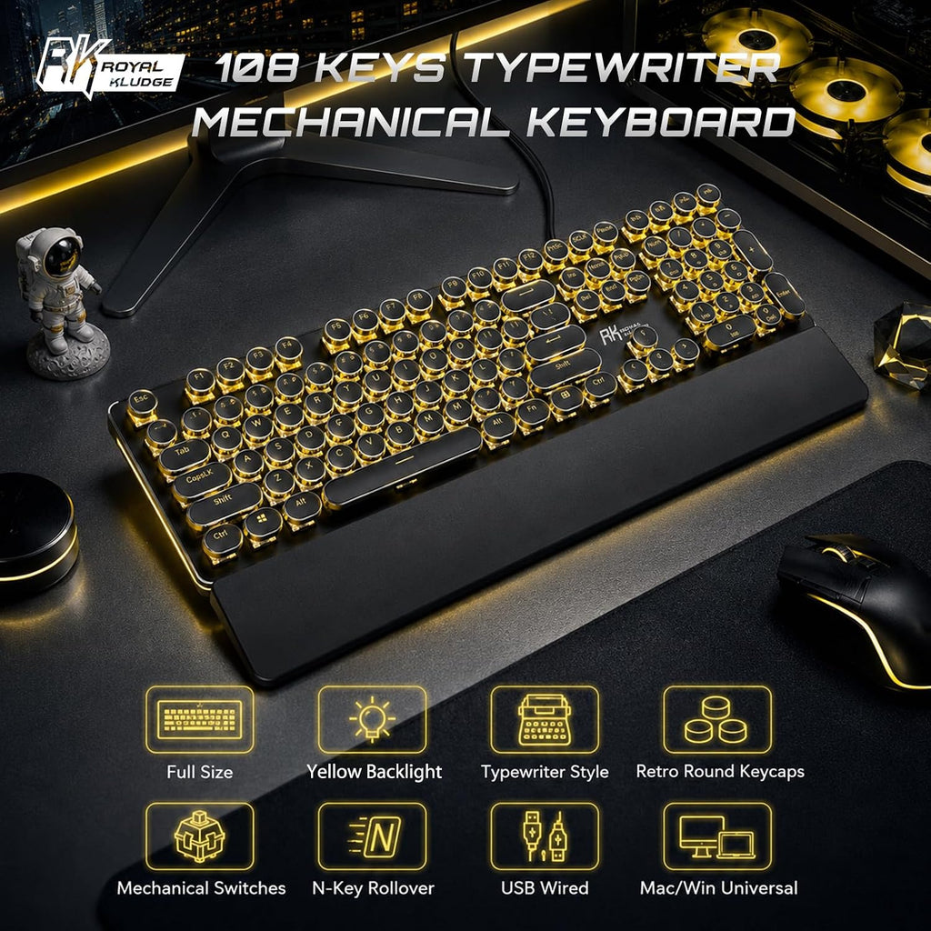RK ROYAL KLUDGE S108 - Teclado mecánico de máquina de escribir, teclado para juegos con cable con teclado numérico, teclados retro de tamaño completo con reposamuñecas desmontable para Mac/Win/PC