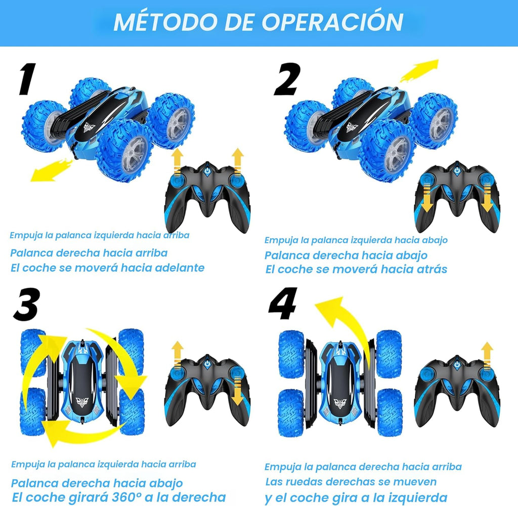 KKONES - Coche a control remoto, auto de acrobacias de radio control de 2.4GHz con giros, Azul