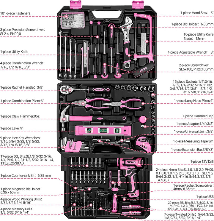 Juego de herramientas rosas: caja de herramientas DEKOPRO Home Mech...