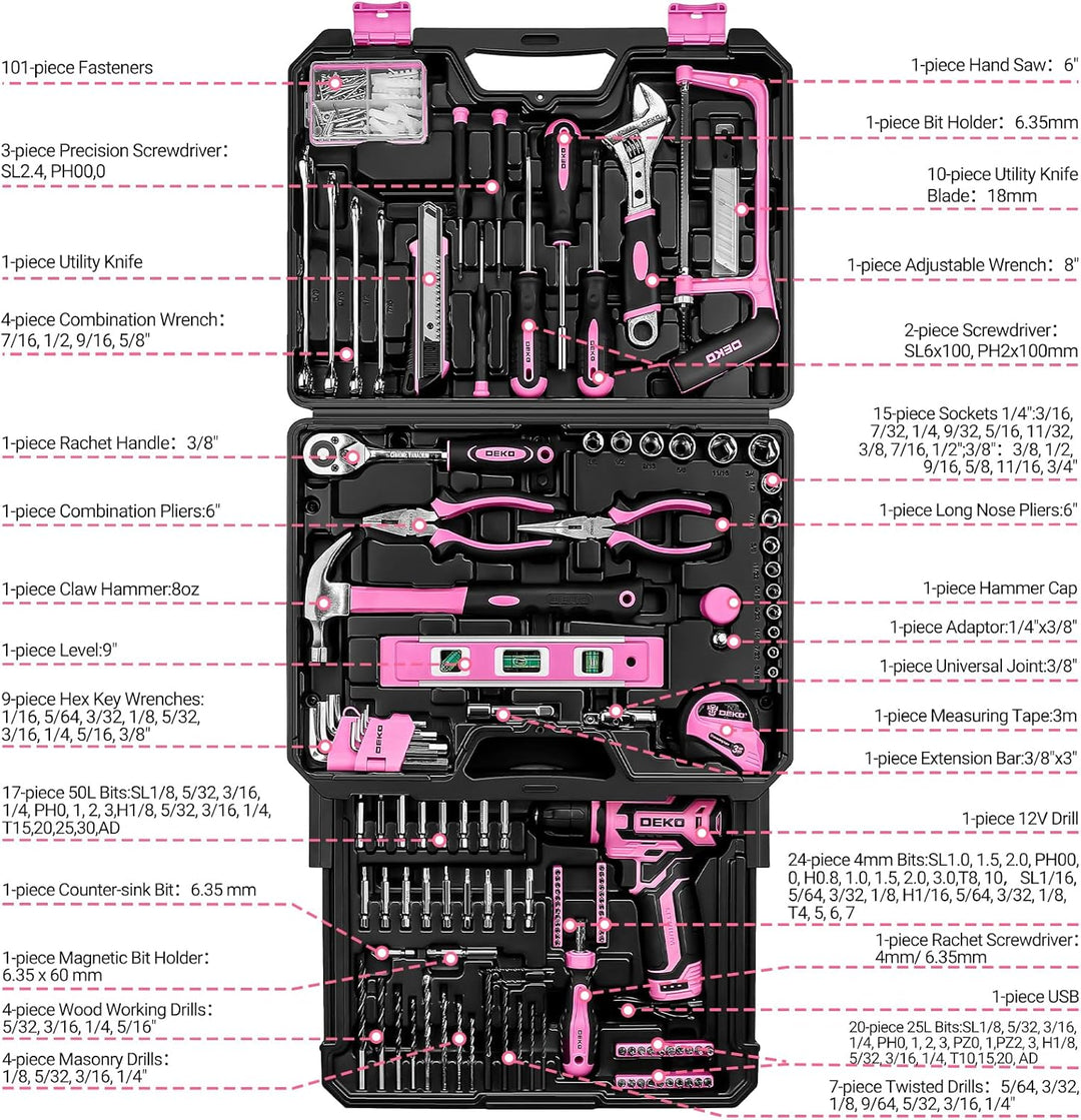 Juego de herramientas rosas: caja de herramientas DEKOPRO Home Mech...