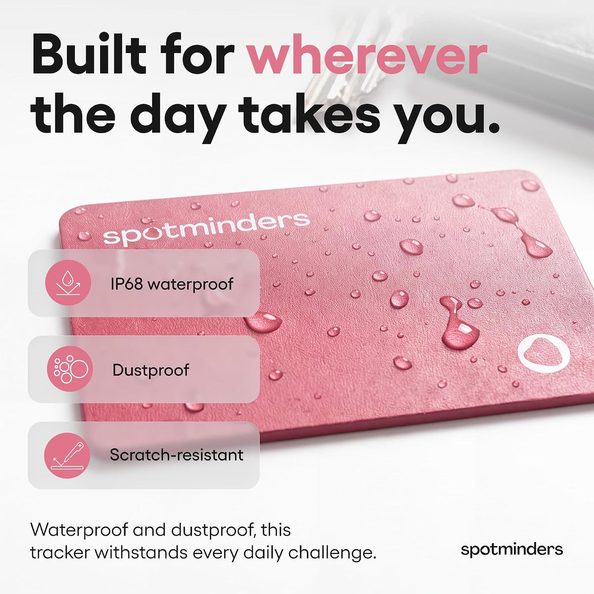 SPOTMINDERS - Cartera de tarjeta de crédito con certificación MFi de Apple, color rosa (solo iOS), esencial de viaje para mujer, funciona con Apple Find My Tarjeta de seguimiento recargable, IP68, 0.07 pulgadas, buscador de artículos delgado para
