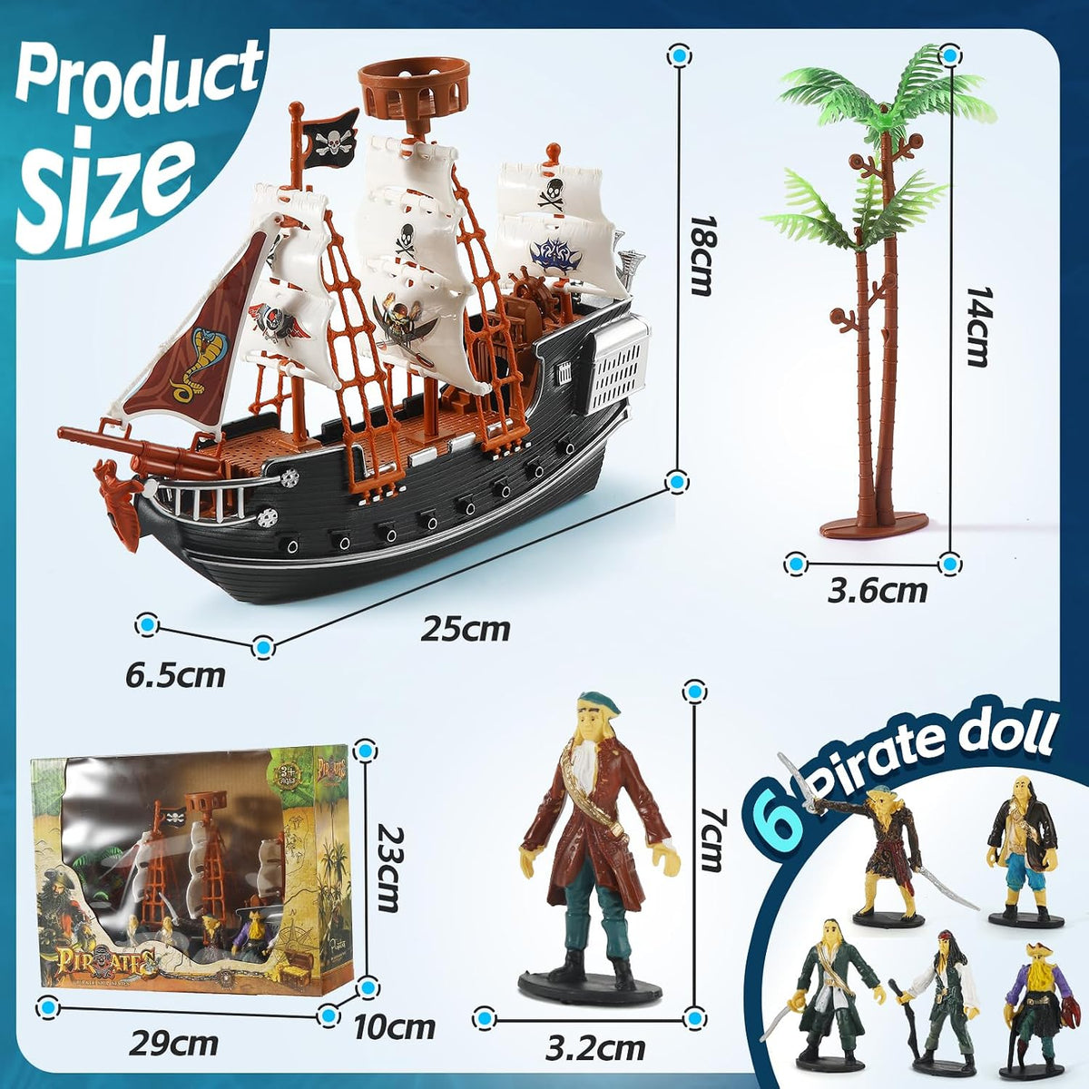 Figuras de acción pirata, juego de barco pirata, juguetes de simulación de barco pirata con 6 figuras de acción y árbol, juguete de juego para niños, juguetes educativos de aprendizaje con figuras