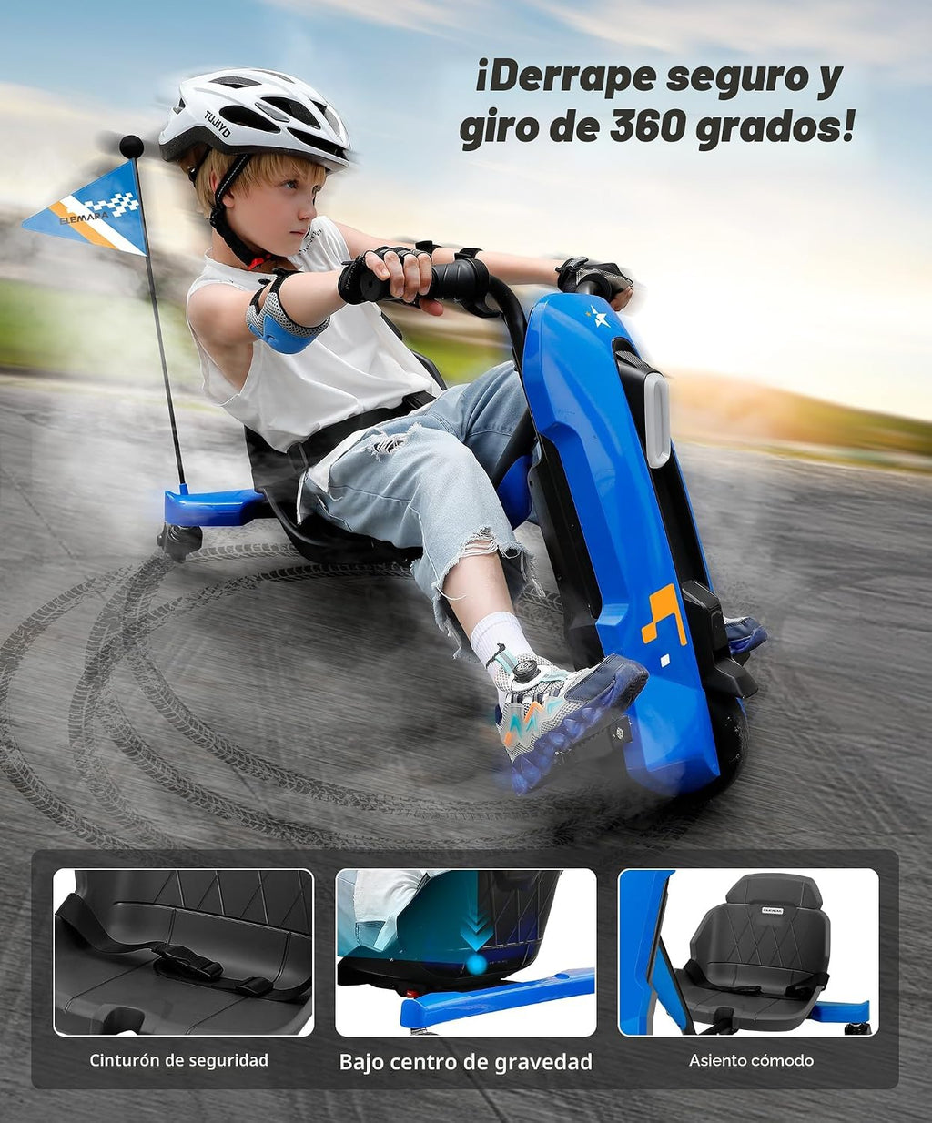 Drift Kart con Velocidad Infinita sin Escalas, Go Karts de 12V para Derrape para Niños con Asiento Ajustable, Go Kart para Niños de 5 MPH con Música, Bluetooth, Luz, Pancarta, para Niños de 6-14 Años, Azul