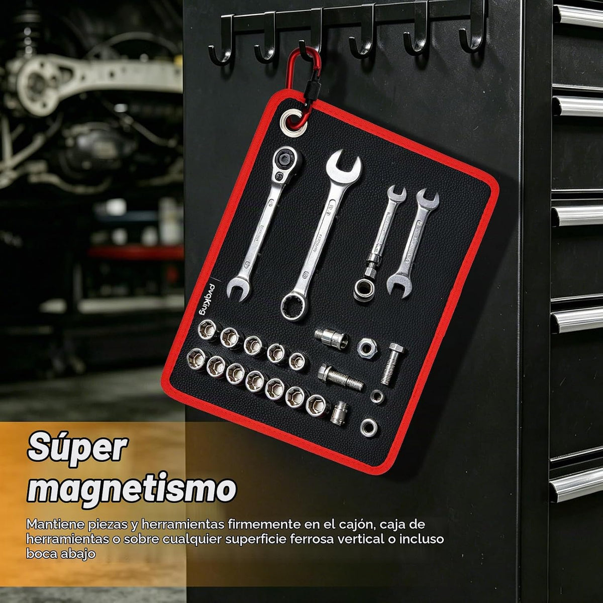 Tapete magnético flexible para herramientas, almohadilla magnética de 40 libras con selector magnético, agujero circular para colgar y gancho de mosquetón, organizador de almacenamiento para automóvil