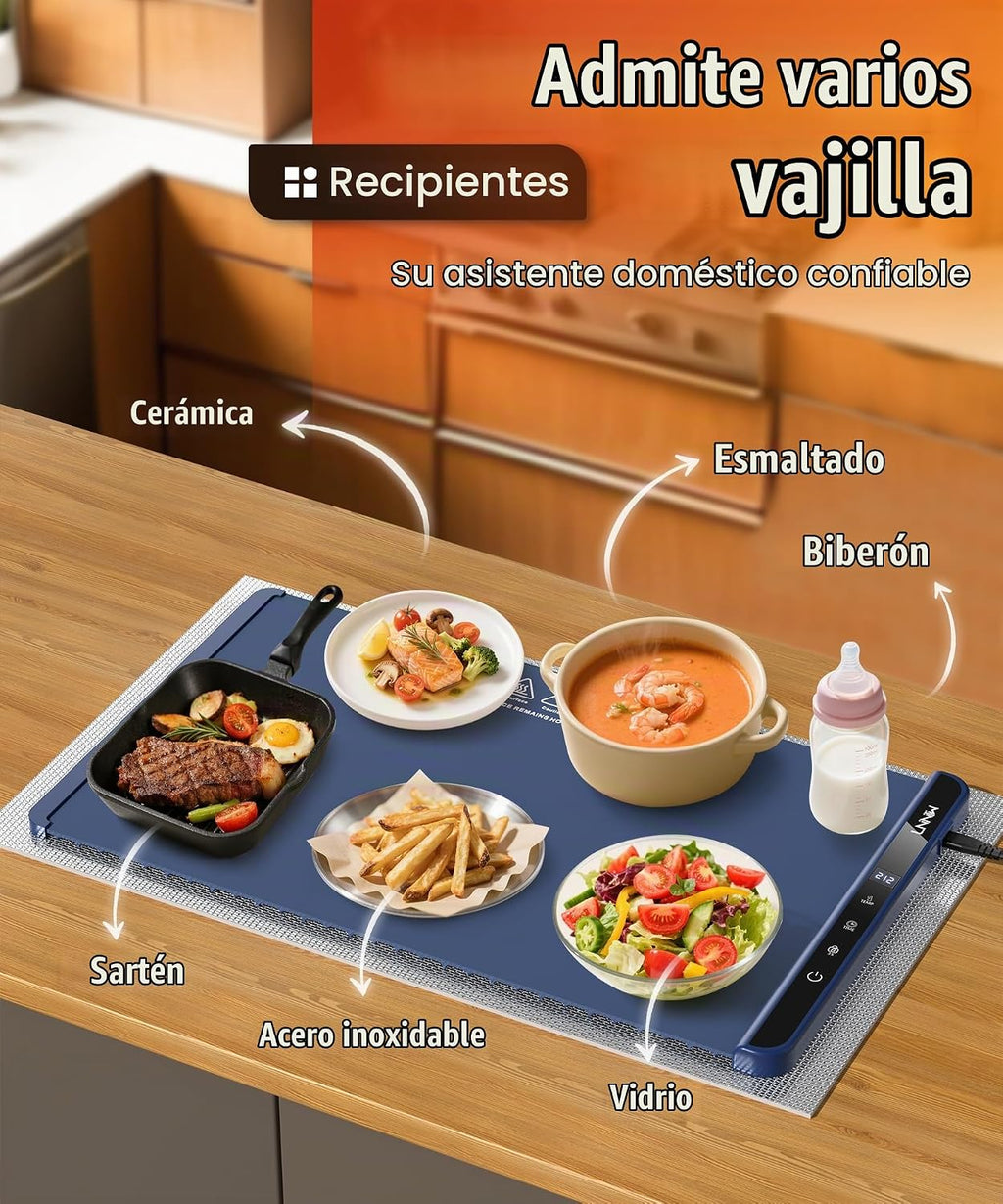 Tapete Calentador para Alimentos, 26x15 Pulgadas, Azul Oscuro, Calor Rápido, Bloqueo para Niños