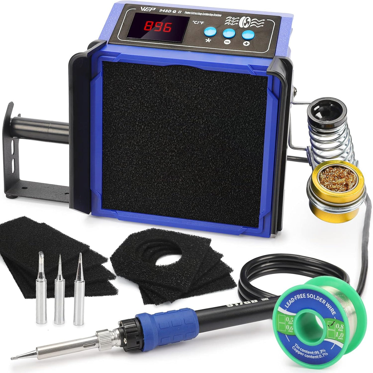 WEP 948DQ-II - Extractor de humo de doble filtro, estación de soldador 2 en 1, ventilador de soldadura con control PID, ℉/℃, modo de suspensión, limpiador de puntas, 3 puntas de soldadura, soldadura de 1.23 oz