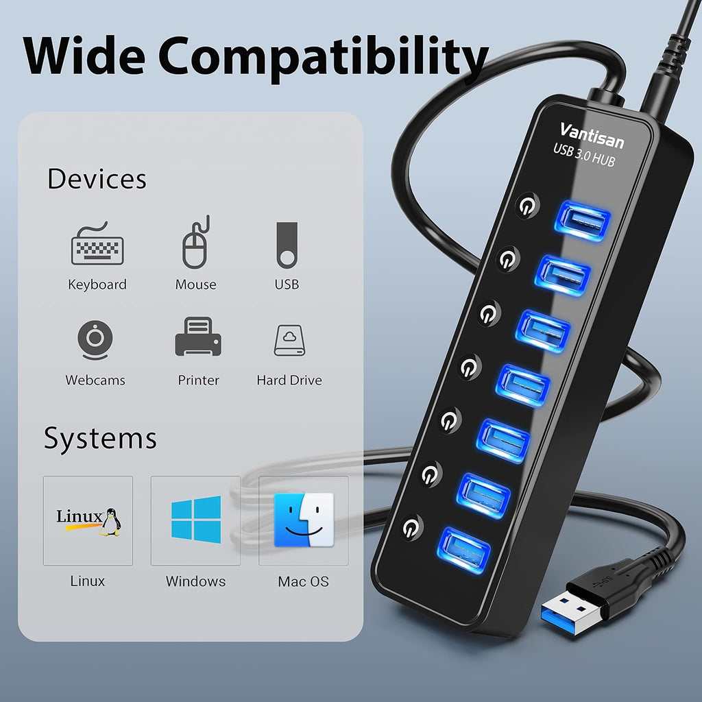 vantisan, BYX2-0504000-1, hub USB 3.0 de 7 puertos, alimentado, con puerto de carga inteligente, adaptador 5V/4A