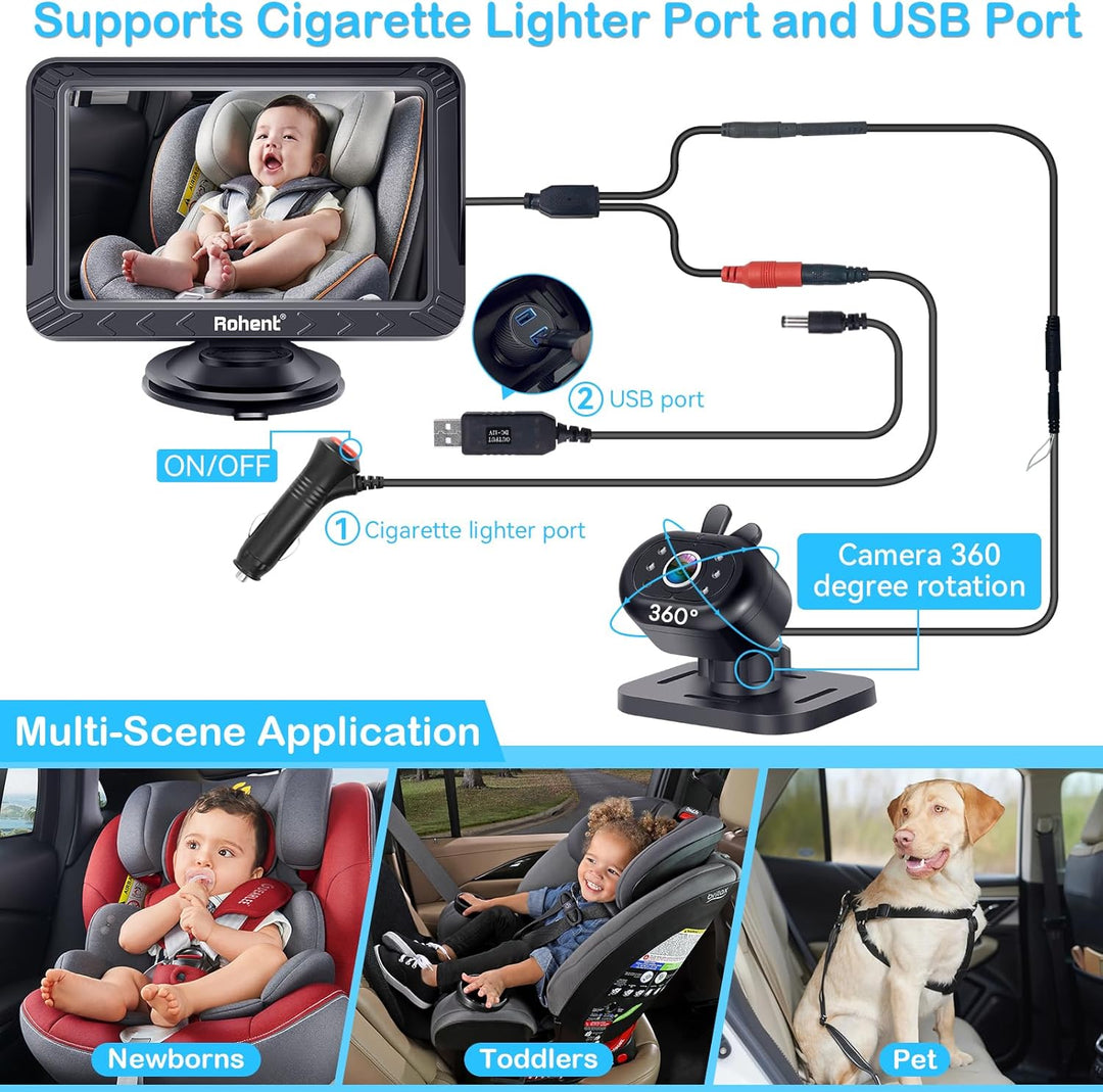 Rohent Cámara de coche para bebé, 5 pulgadas HD 1080P, visión noctu...