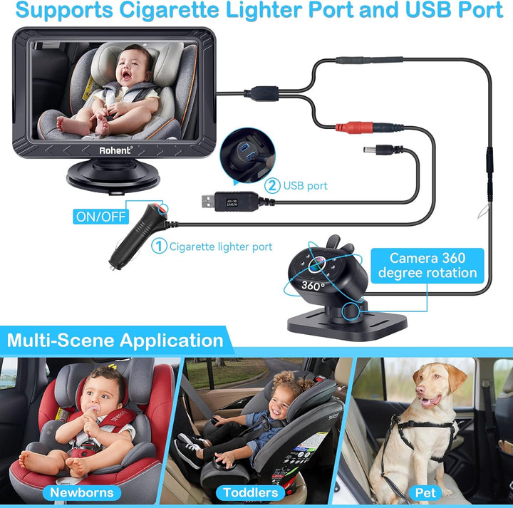 Rohent Cámara de coche para bebé, 5 pulgadas HD 1080P, visión noctu...