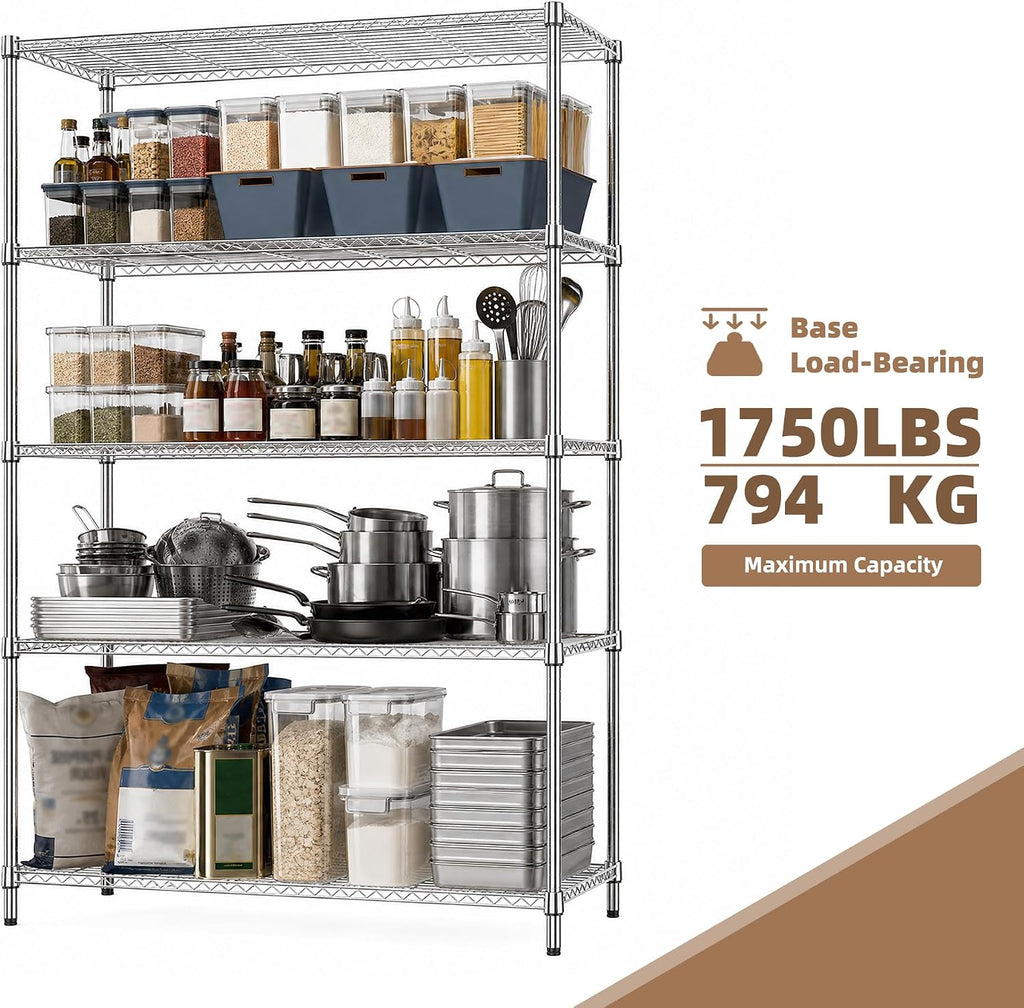 M MZG Estantería de garaje resistente con 5 estantes, estante de almacenamiento ajustable para cocina, lavandería, baño, despensa, capacidad de 1750 libras, color plateado, 15.8 x 45.3 x 70.4 pulgadas