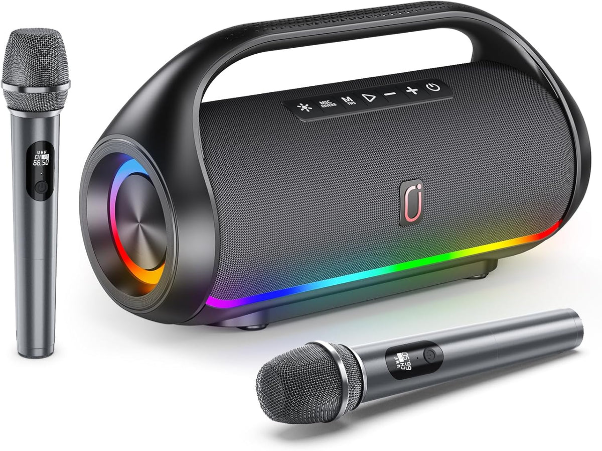 HWWR Altavoz Bluetooth portátil con 2 micrófonos inalámbricos, sistema de altavoces portátiles ruidosos, graves profundos, corte de eco y voz, IPX5 resistente al agua para fiestas al aire libre audio PA para adultos y niños cantando en casa